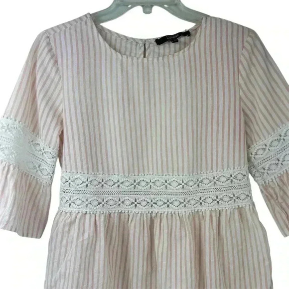 Lipslide Women's S Pink Striped Peasant Lace Top 3/4 Sleeve Lace Detail - Picture 2 of 8